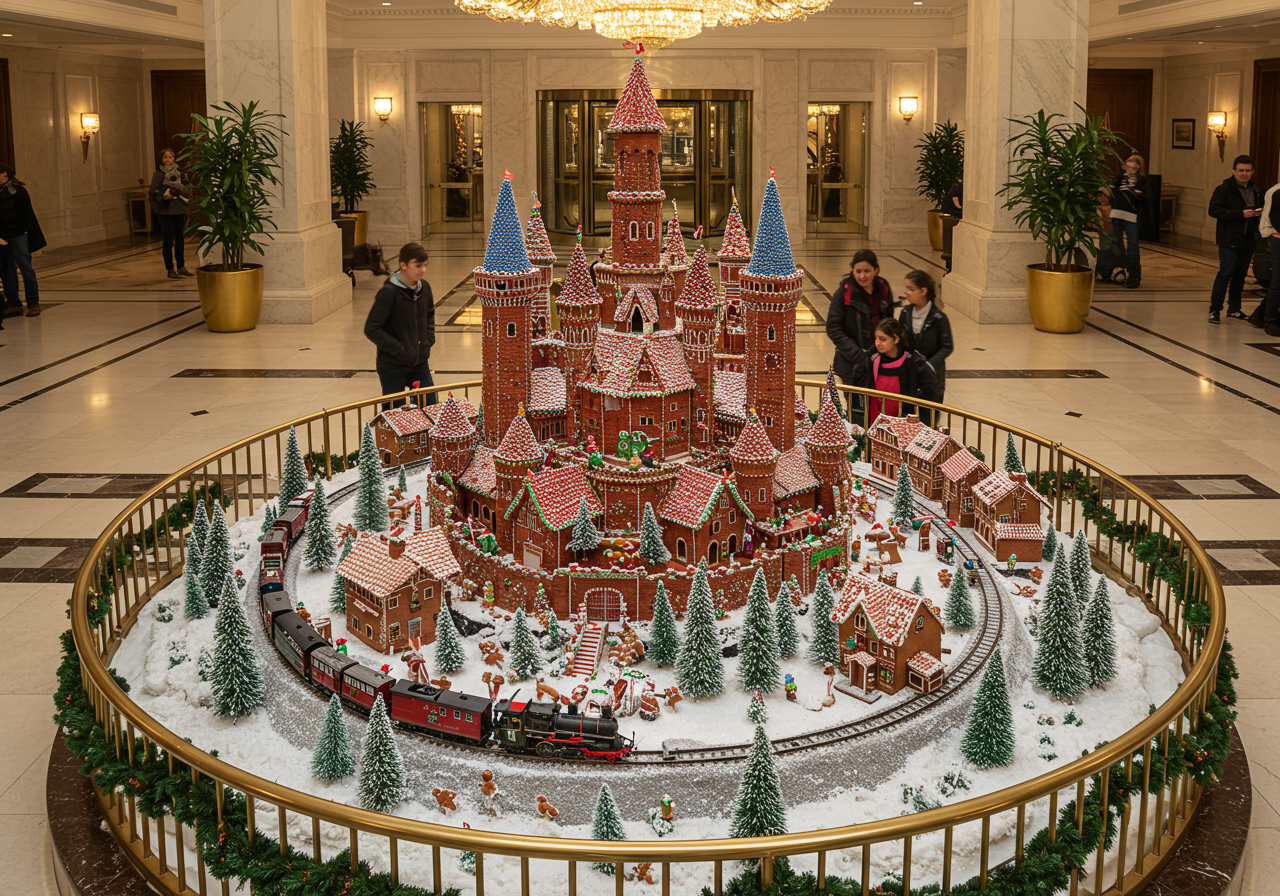 People gather around an enormous sugar castle display at the Westin St. Francis in San Francisco