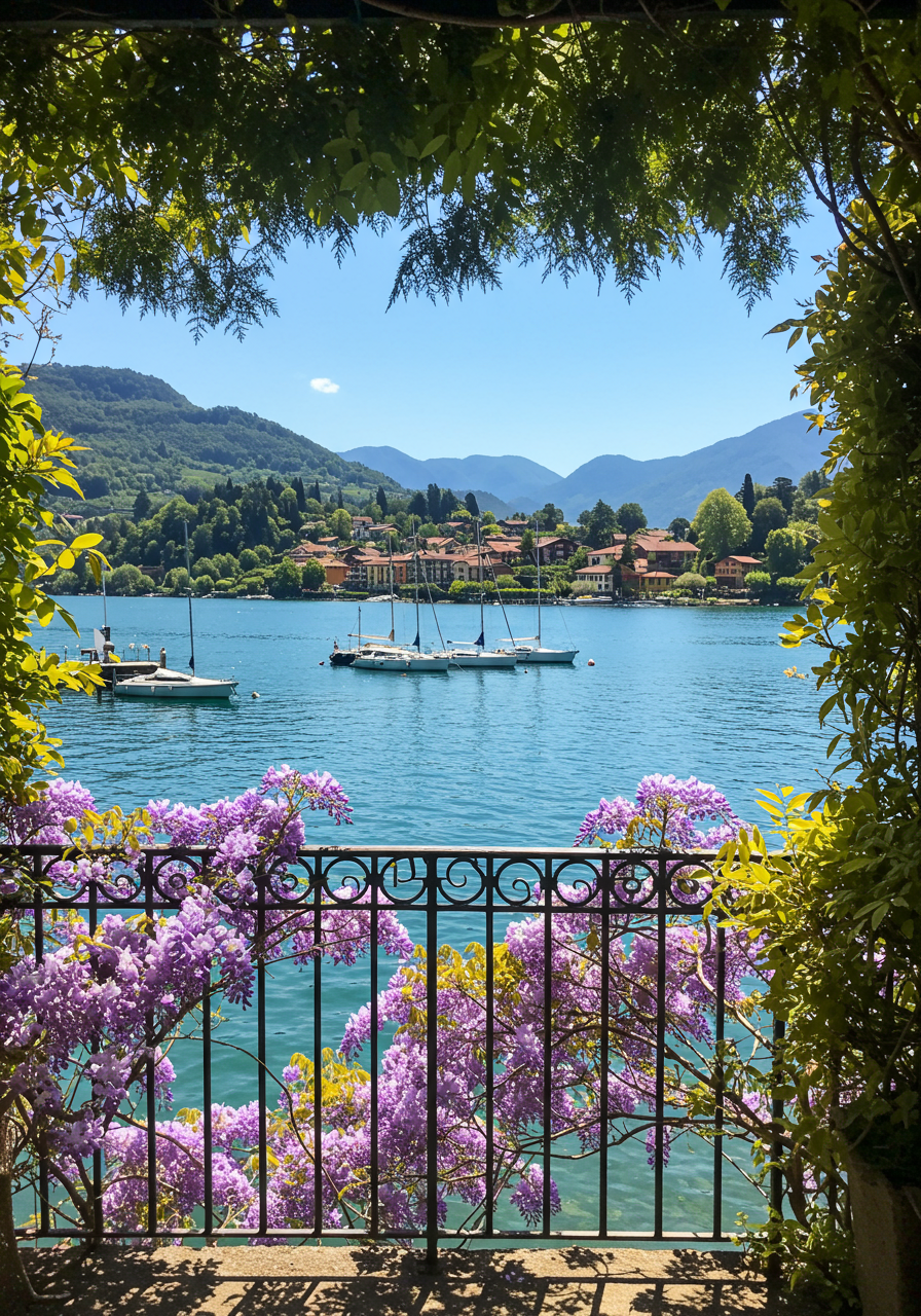Lakeside flora frame an idealic scene along banks of Lake Como.