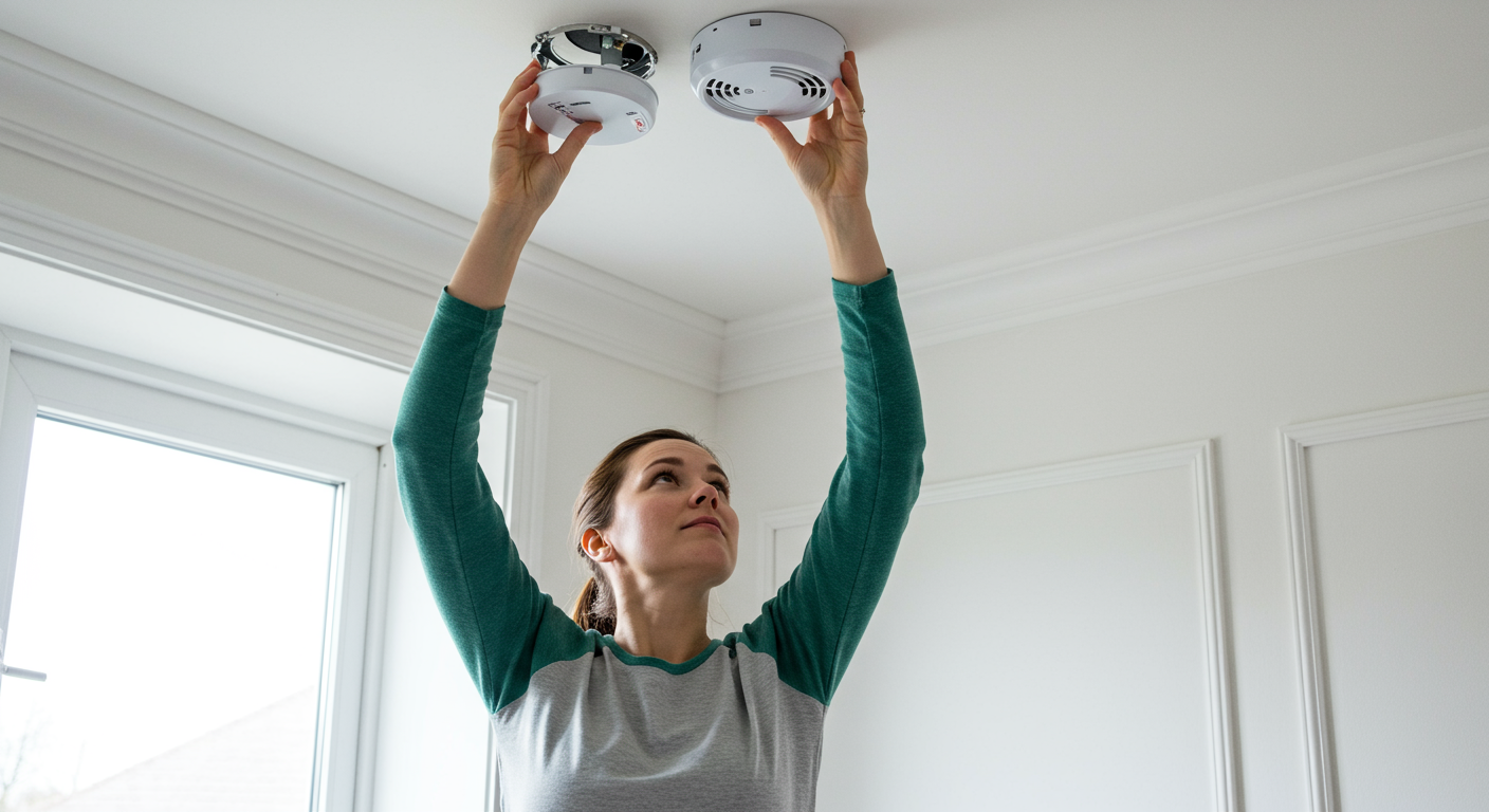 Woman checking smoke alarm.