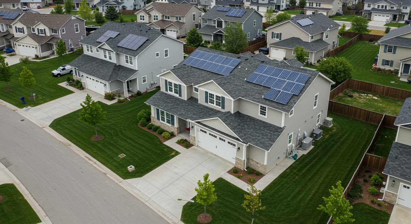 Aerial shot of the house with solar panels on the roof.