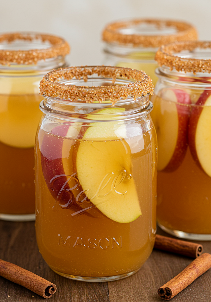 apple pie bourbon shots with apple slices and cinnamon sticks in little mason jars
