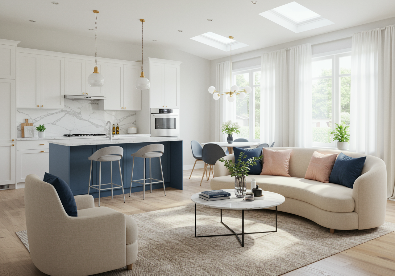 Living room and kitchen inside 1246 S Bronson. Photo credit: Urban Aisle