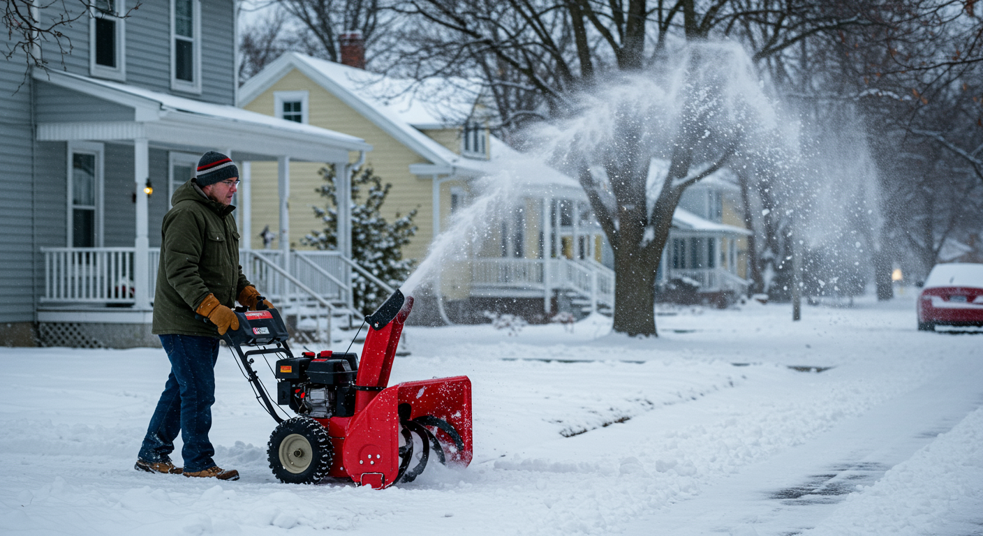 Man using snowblower in driveway.