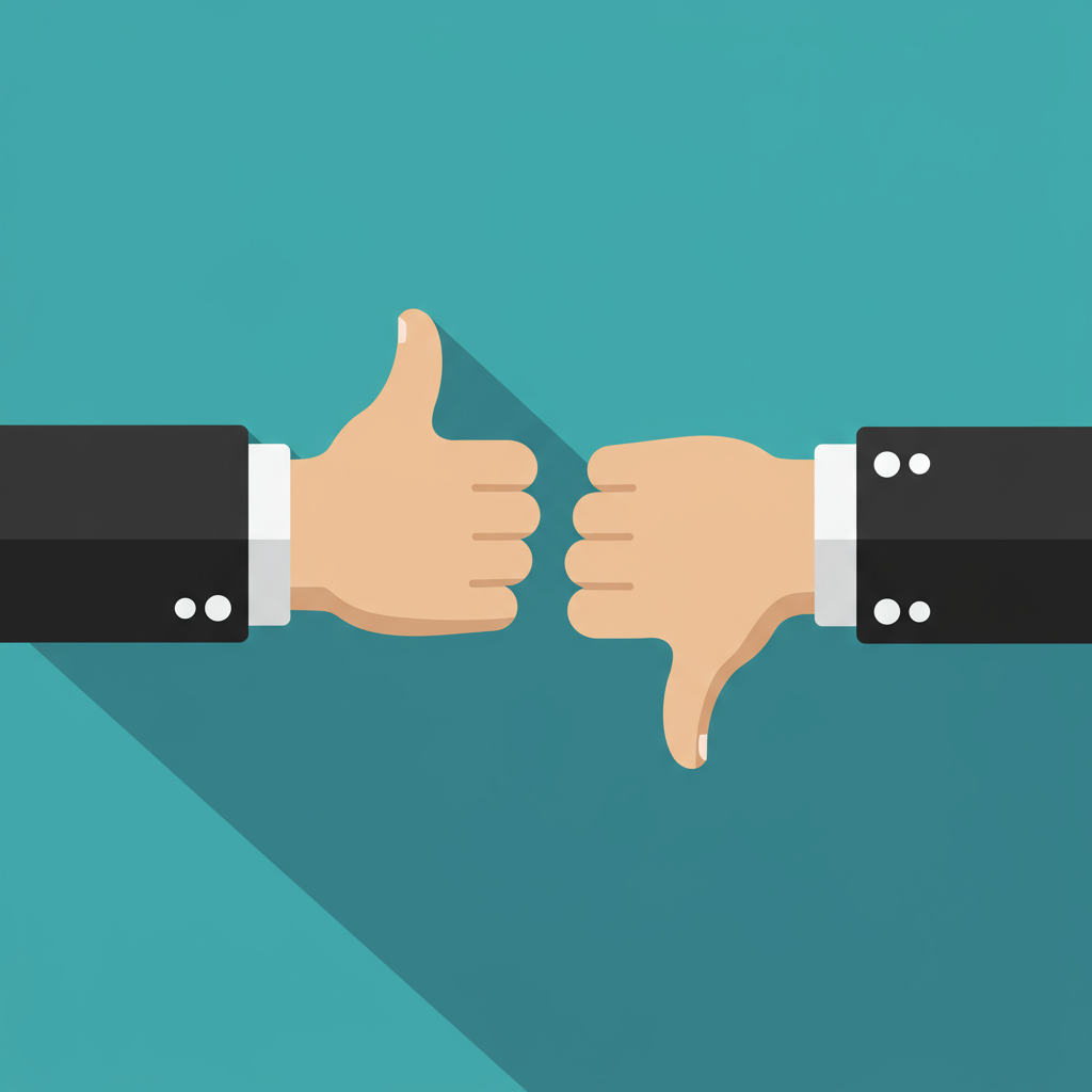 Illustrated hands give opposing thumbs-up and thumbs-down gestures.