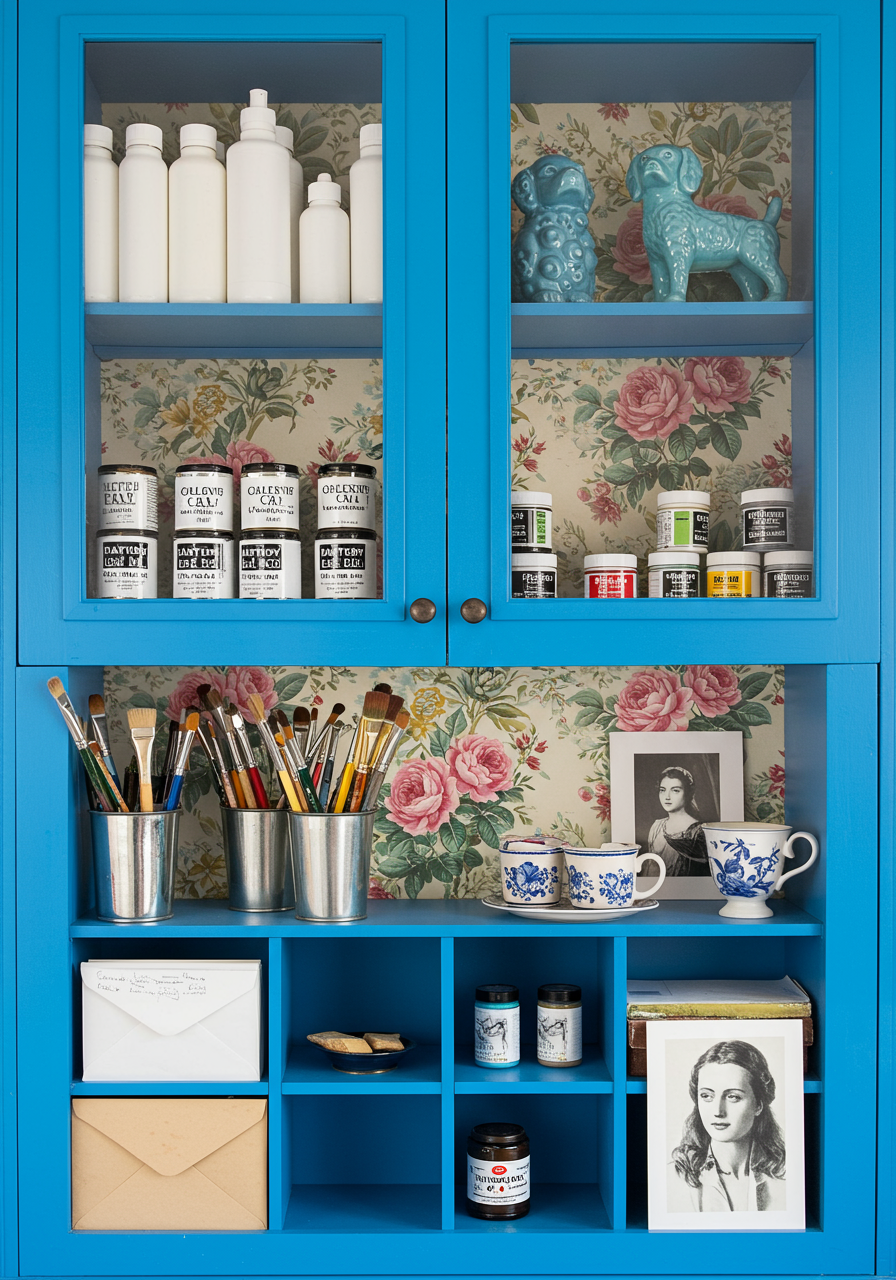 a shelf with various items on it