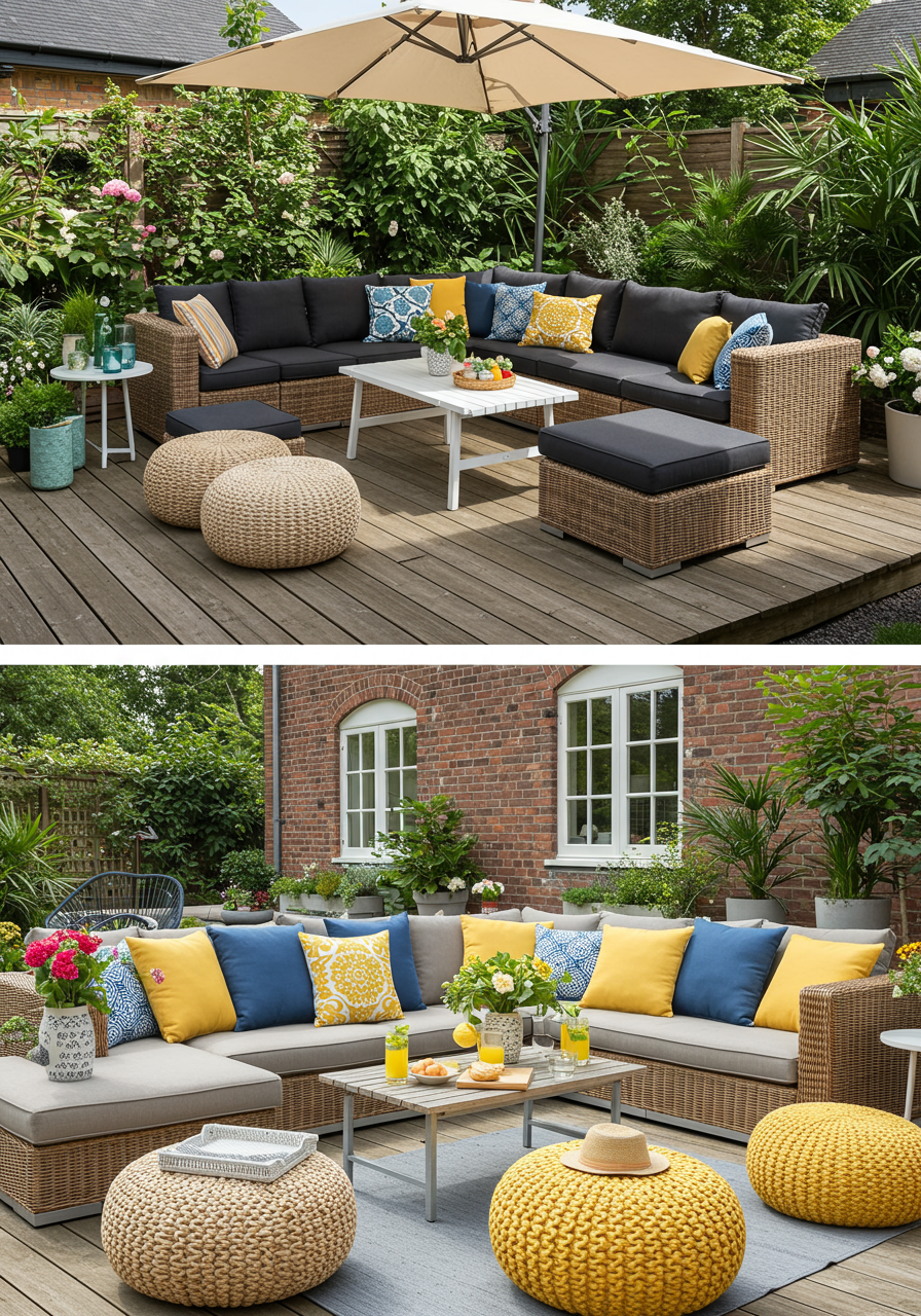 Two garden patios with wicker sectionals, colorful cushions, coffee tables, and knitted poufs.