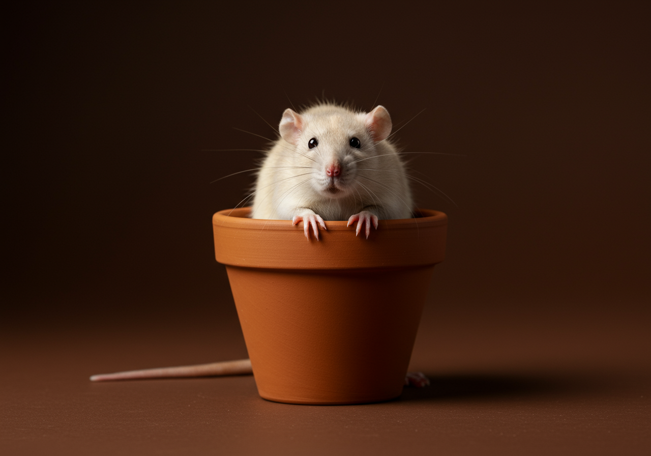 A curious pet white rat peering over the top of a flower pot