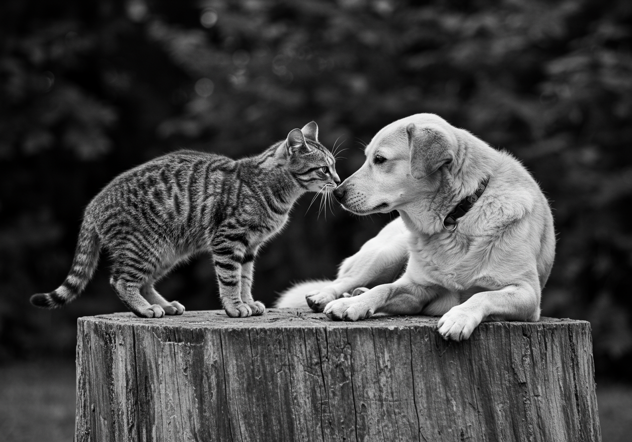 Black and white photo of a dog and a cat that are good friends.