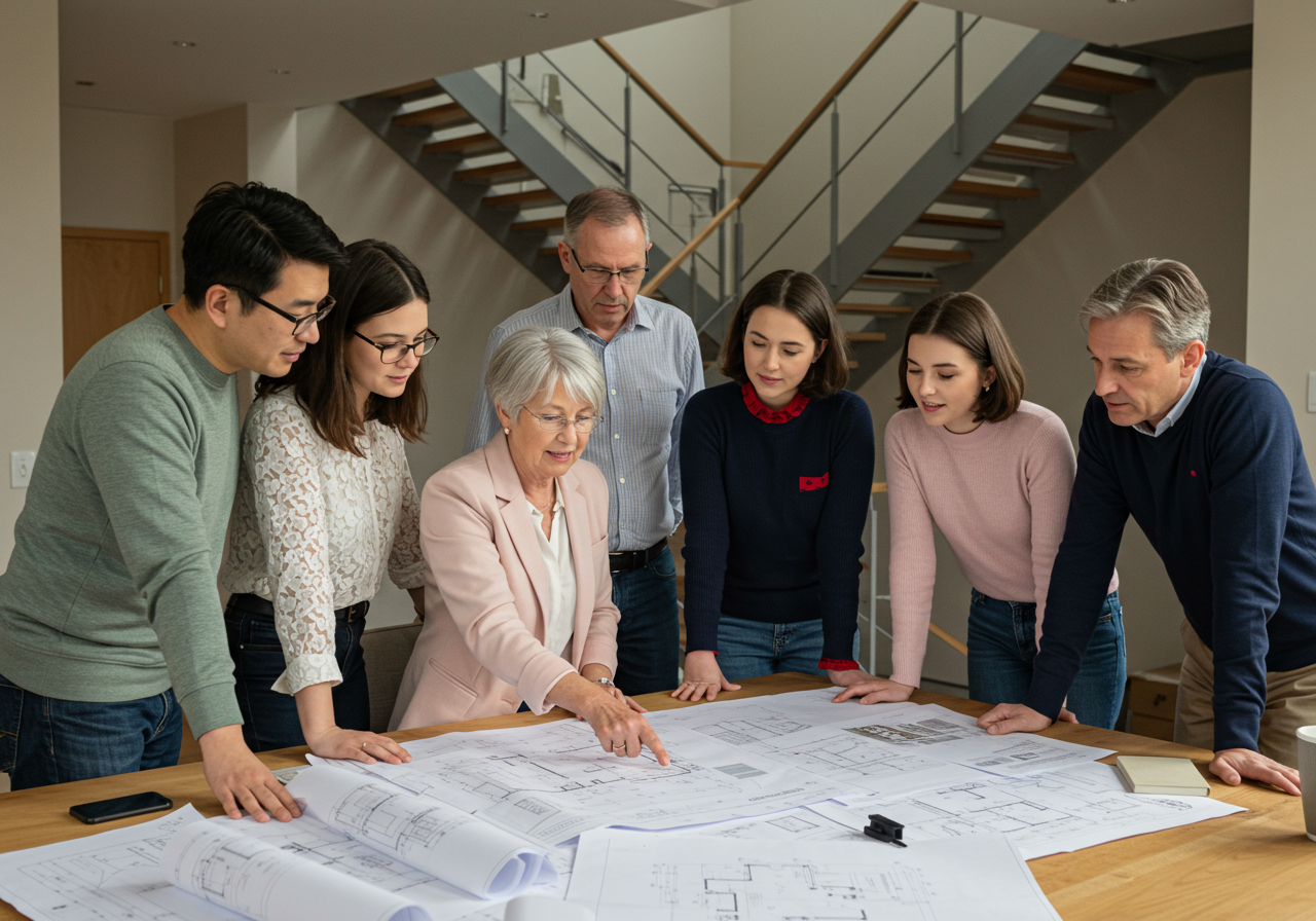 A Woman Showing a Family a House Layout