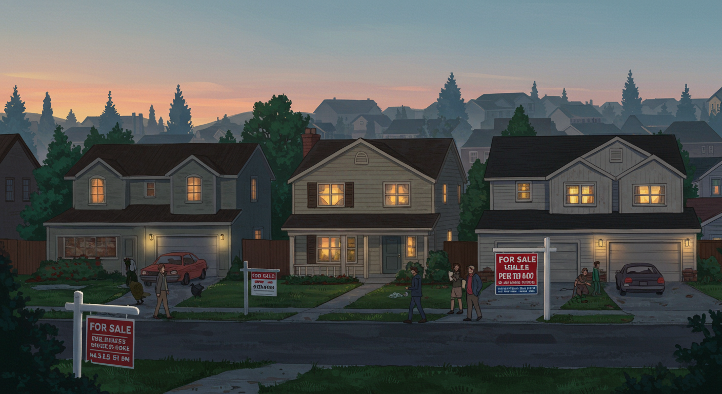 Three suburban homes with illuminated windows and for-sale signs at dusk.