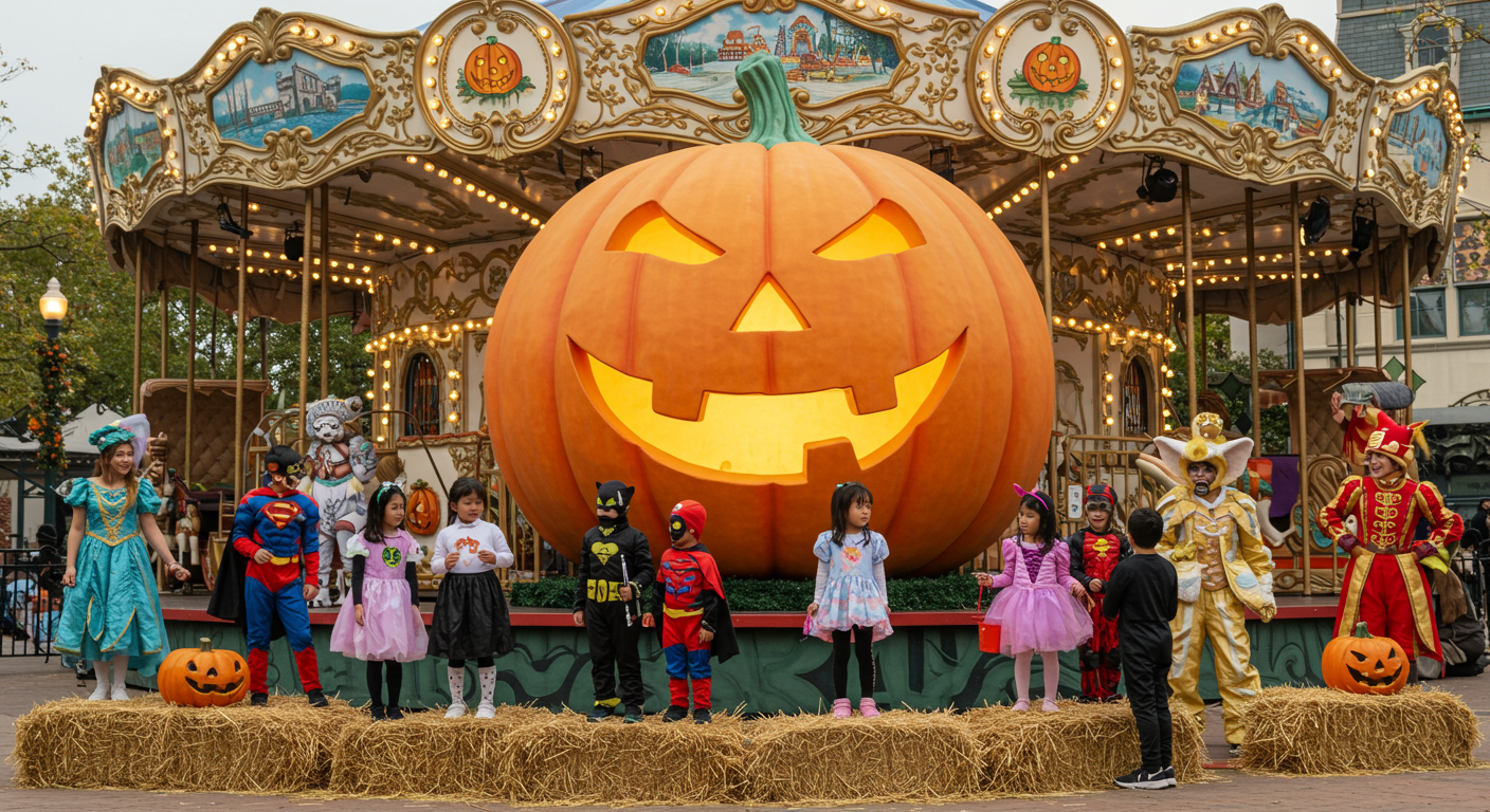 Kids in costume participate in a contest in front of a big inflatable pumpkin and the Great America carousel.