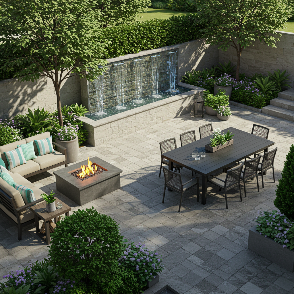 Landscaped backyard patio with a stone waterfall, outdoor dining set, and fire pit.