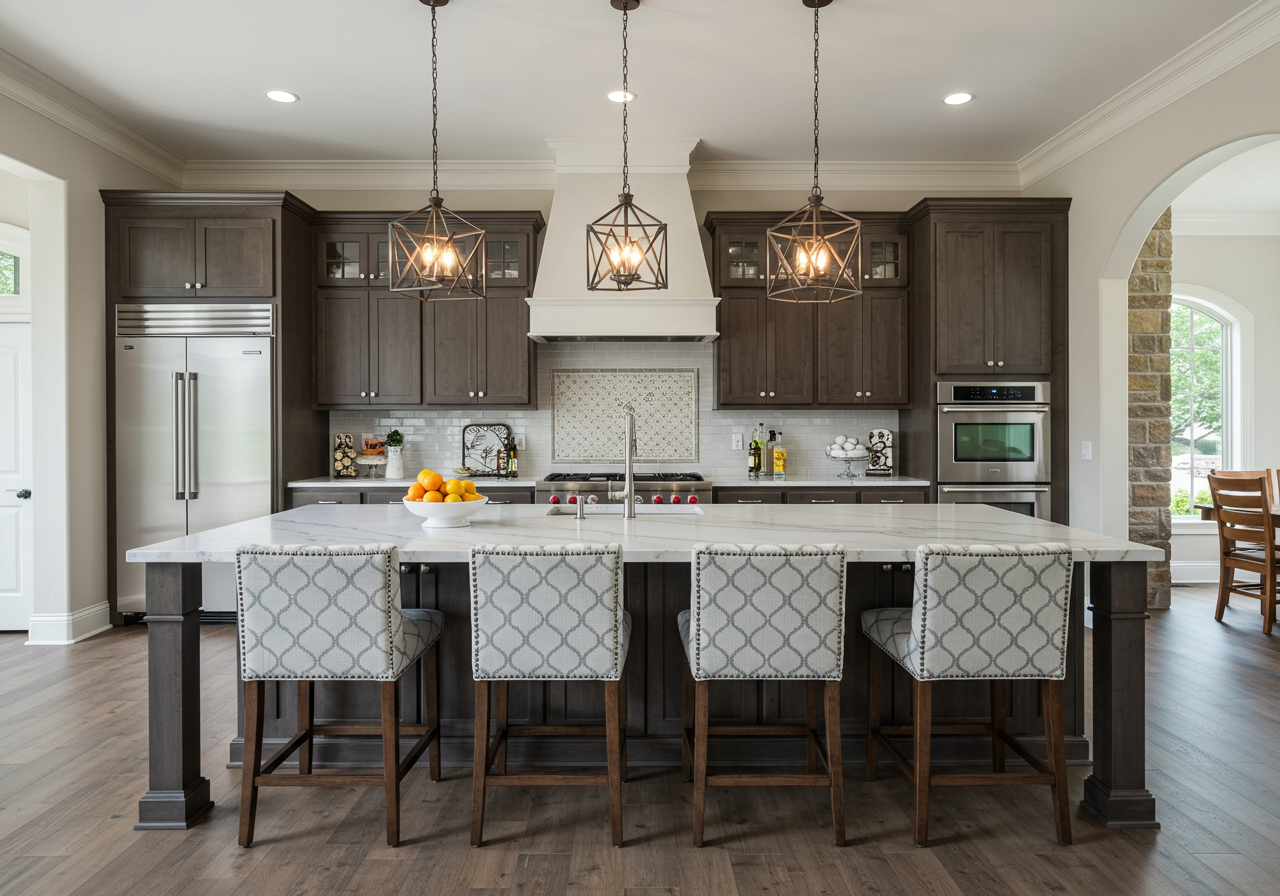 Grand kitchen with pendant lighting, large island, and seating.