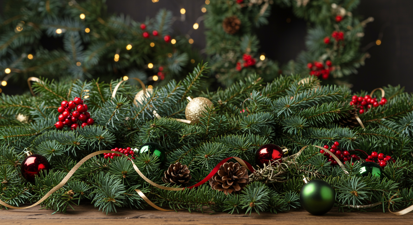 Evergreen holiday garland decorated with red berries, pinecones, ribbons, and colorful ornaments.
