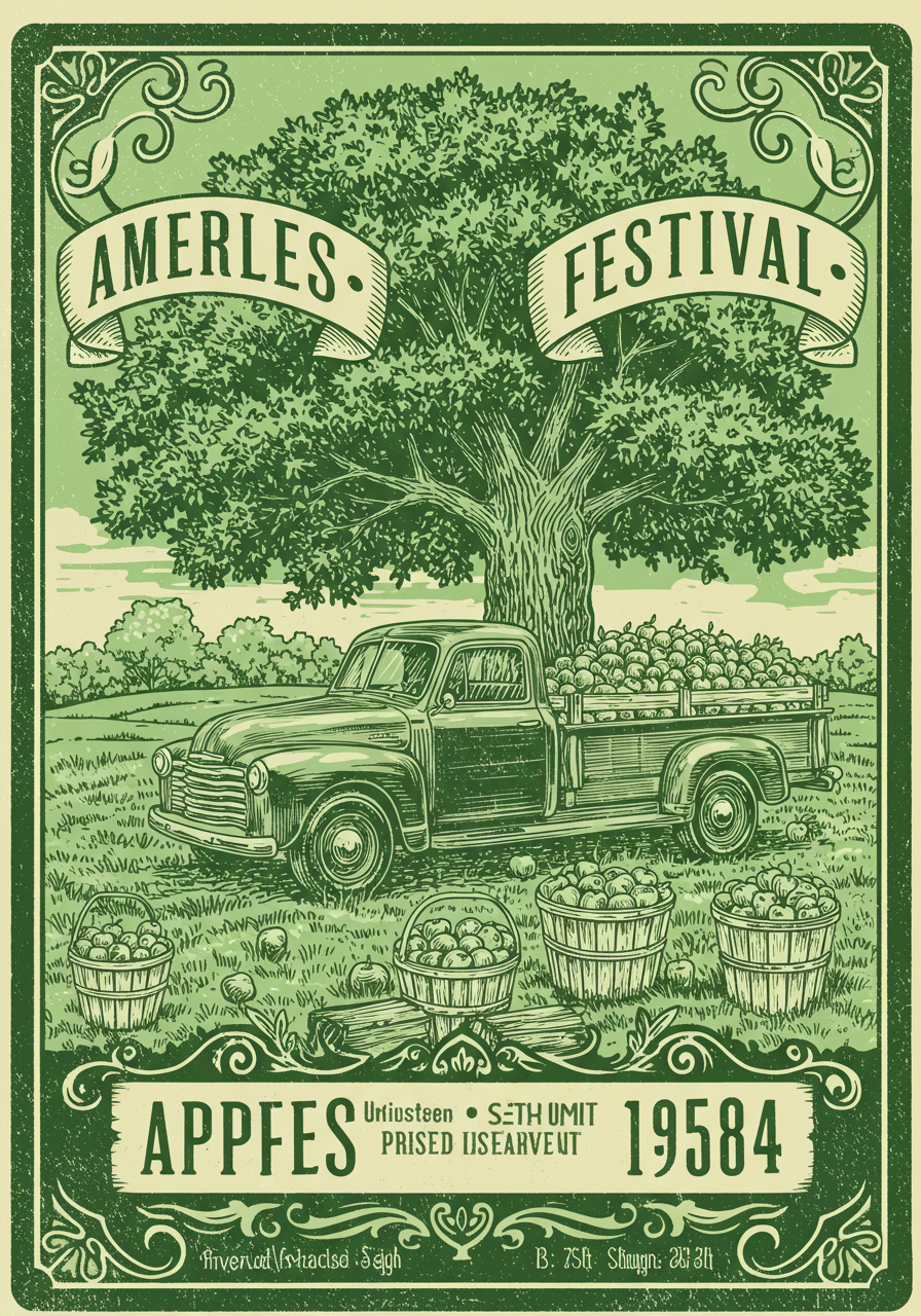Illustrated apple festival poster with an apple-laden pickup truck, baskets, and a large tree.