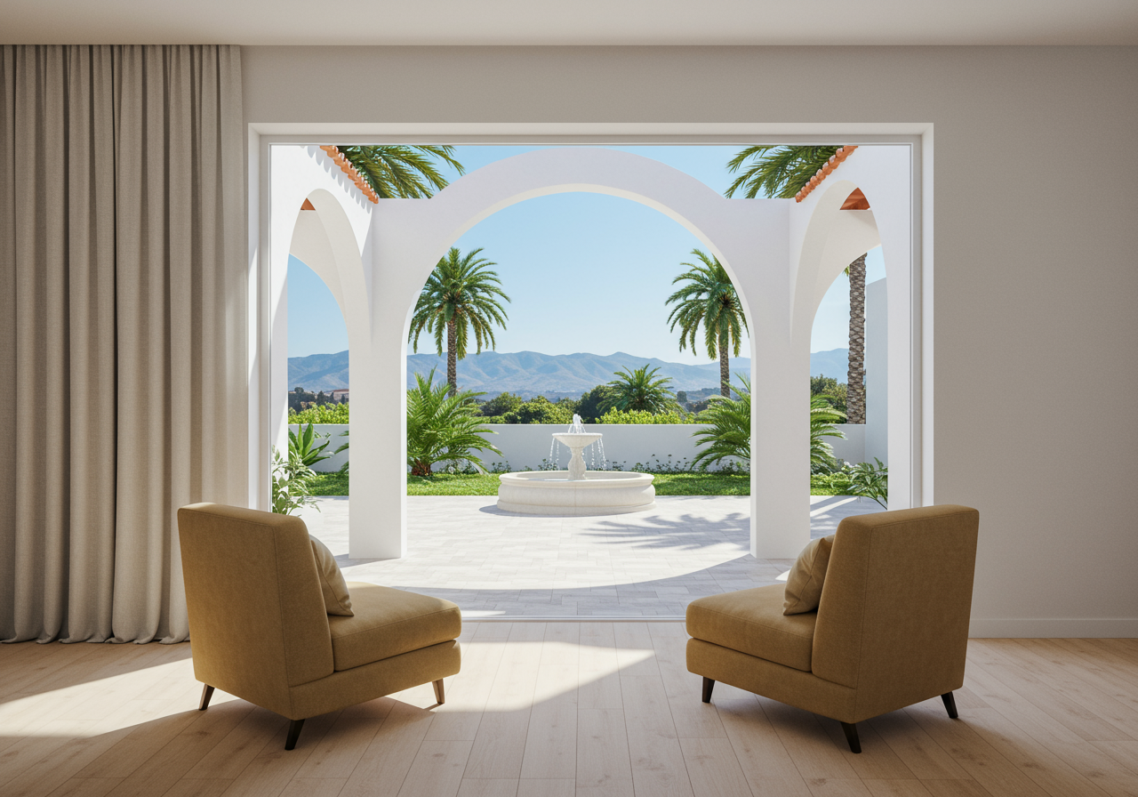 Scenic view of mountains and a fountain from inside a home, framed by large glass doors and arches.