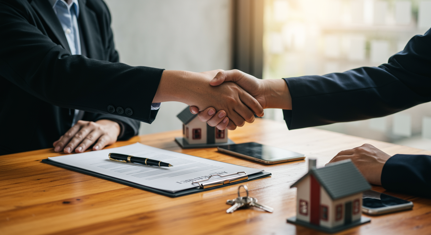 Handshake between two individuals over a real estate contract, with a model house and keys on the table.