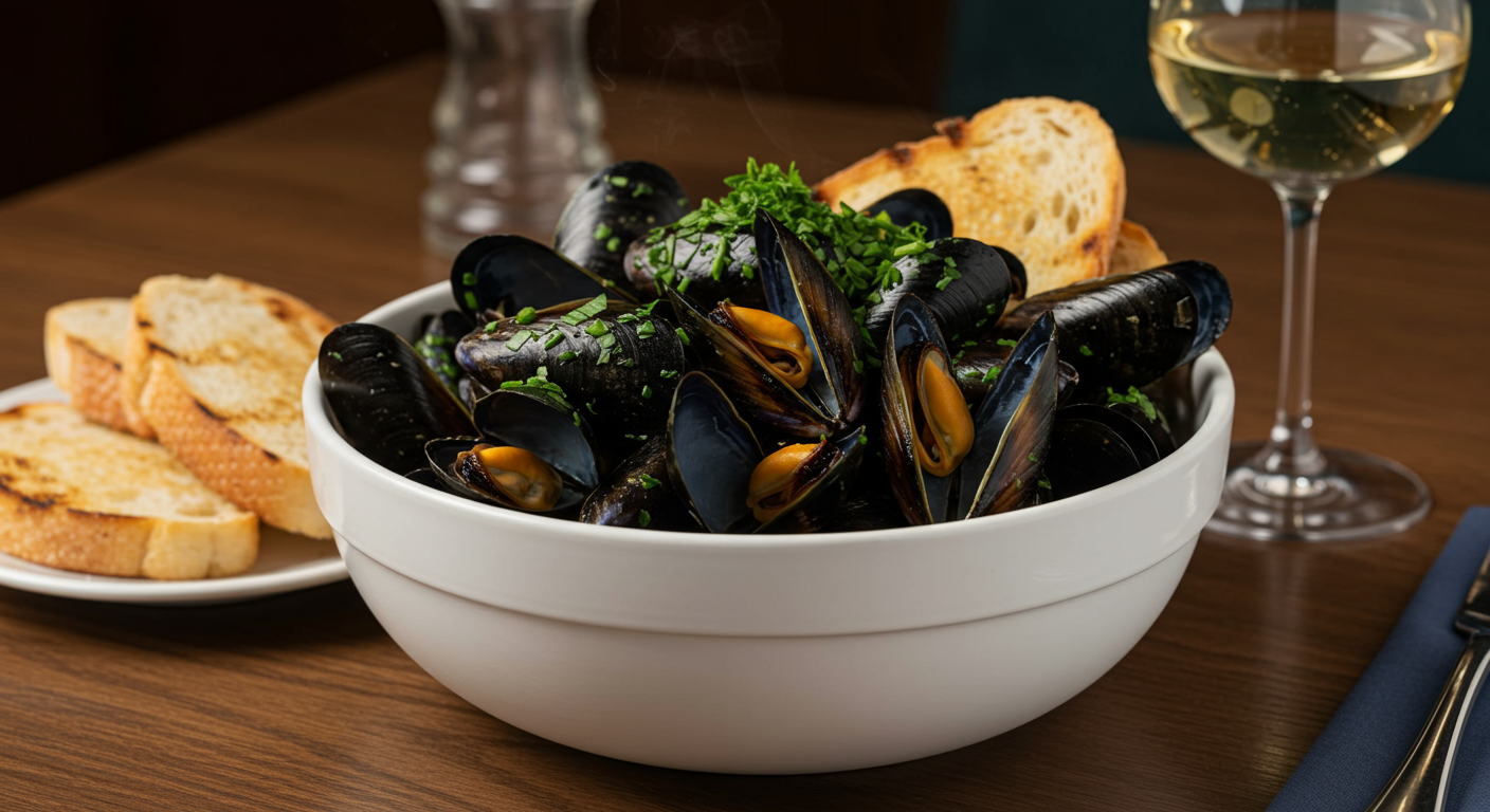 A white bowl of cooked mussels