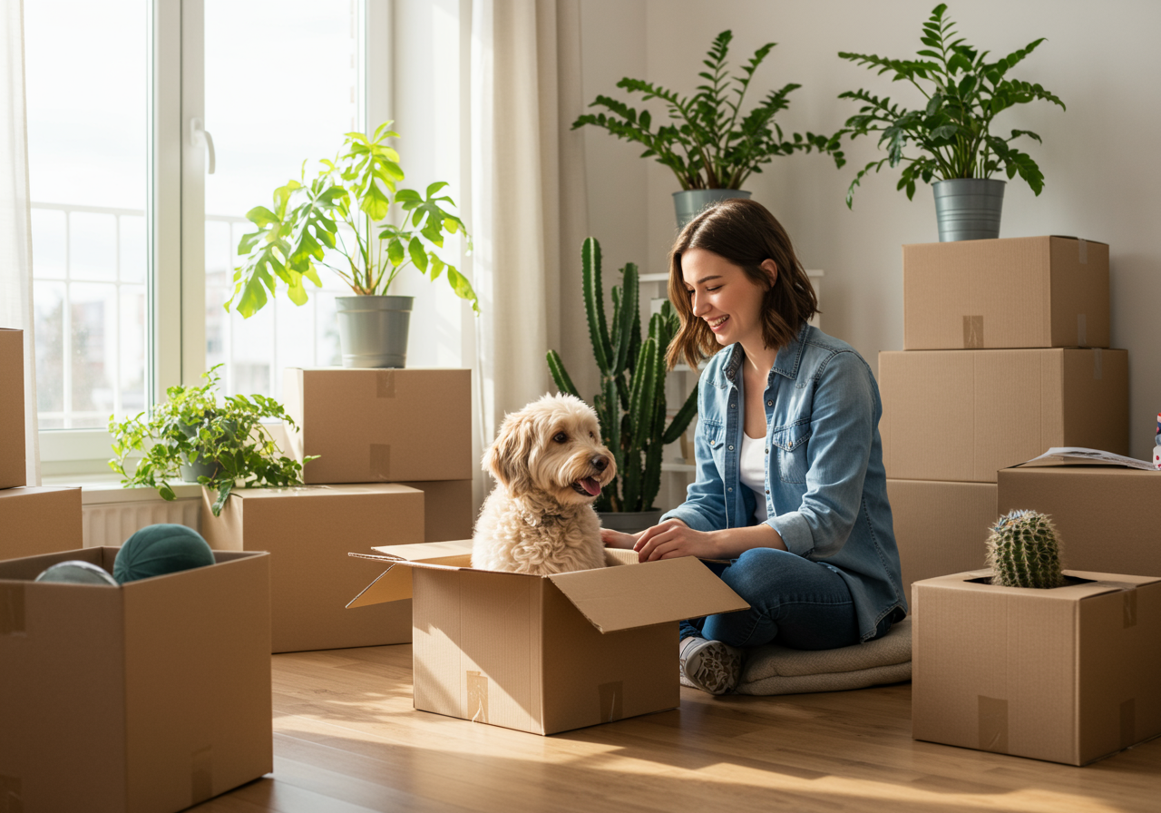 young asian woman having fun with her dog while unpacking cardboard boxes in the living room