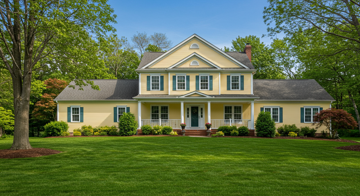 A large yellow house with a green lawn in front of it.