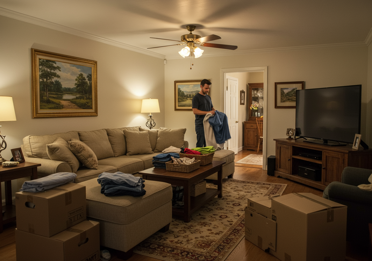 Living room with a sectional sofa, moving boxes, and a man folding clothes.
