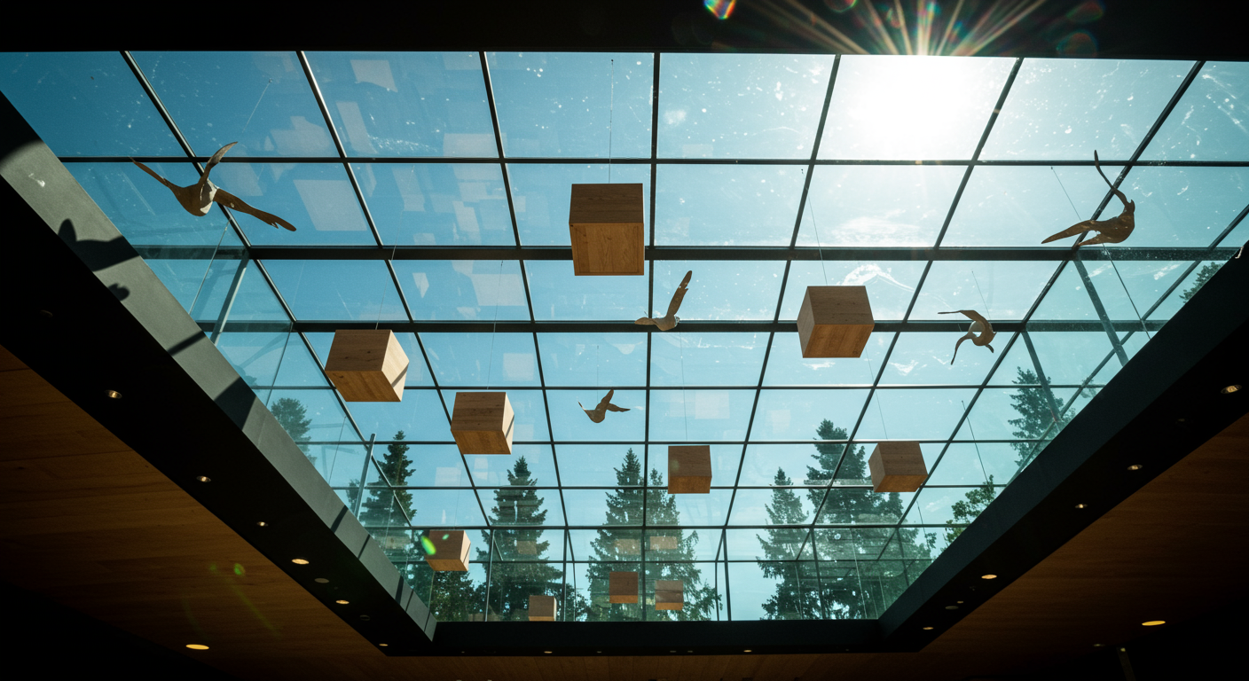 a view of the glass ceiling that looks out at tree tops