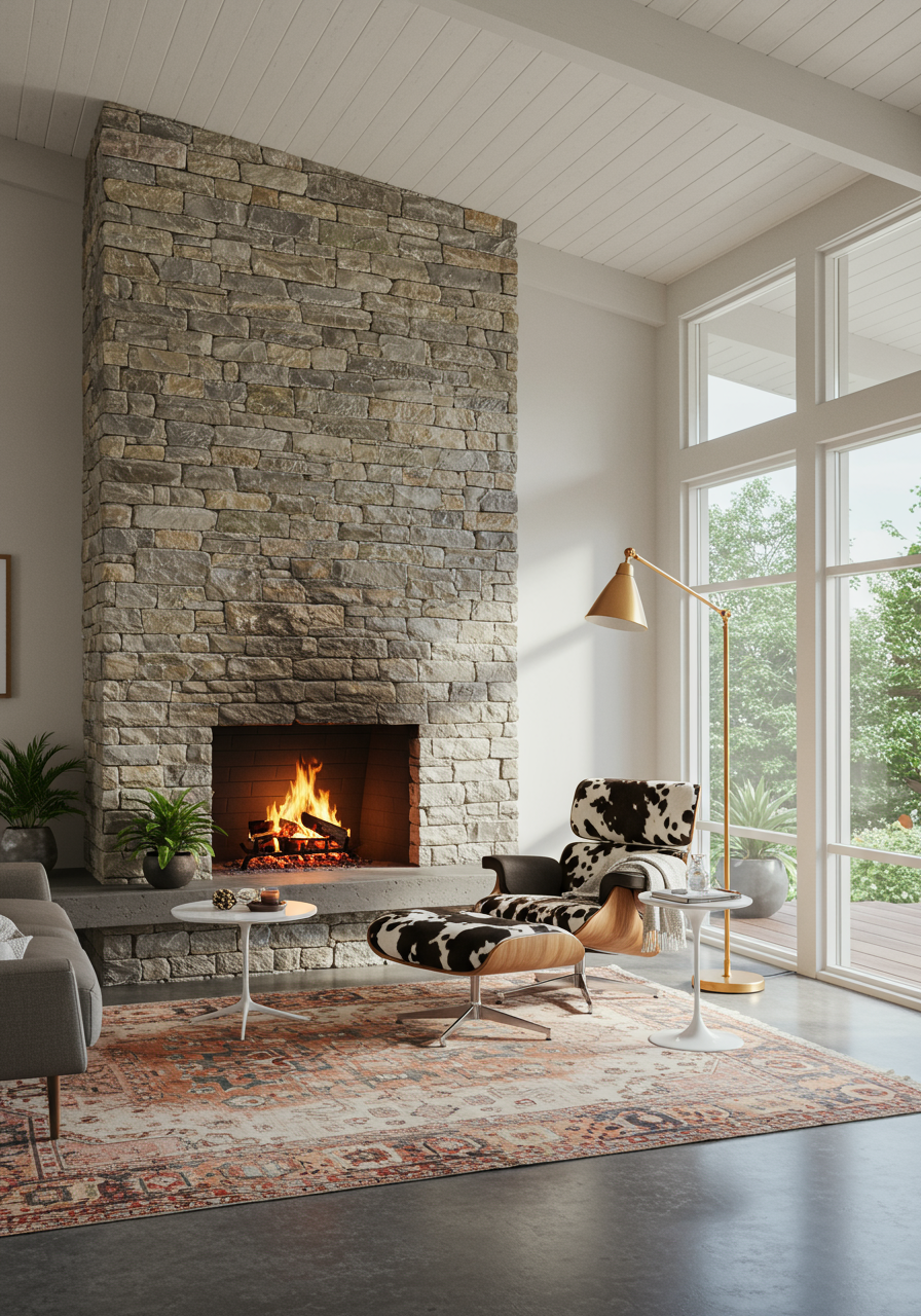 Image may contain Fireplace Indoors Chair Furniture Home Decor Hearth Interior Design Lamp Desk Table and Rug