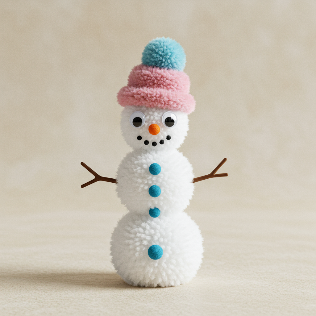 Googly eyes and pom pom nose added to snowman
