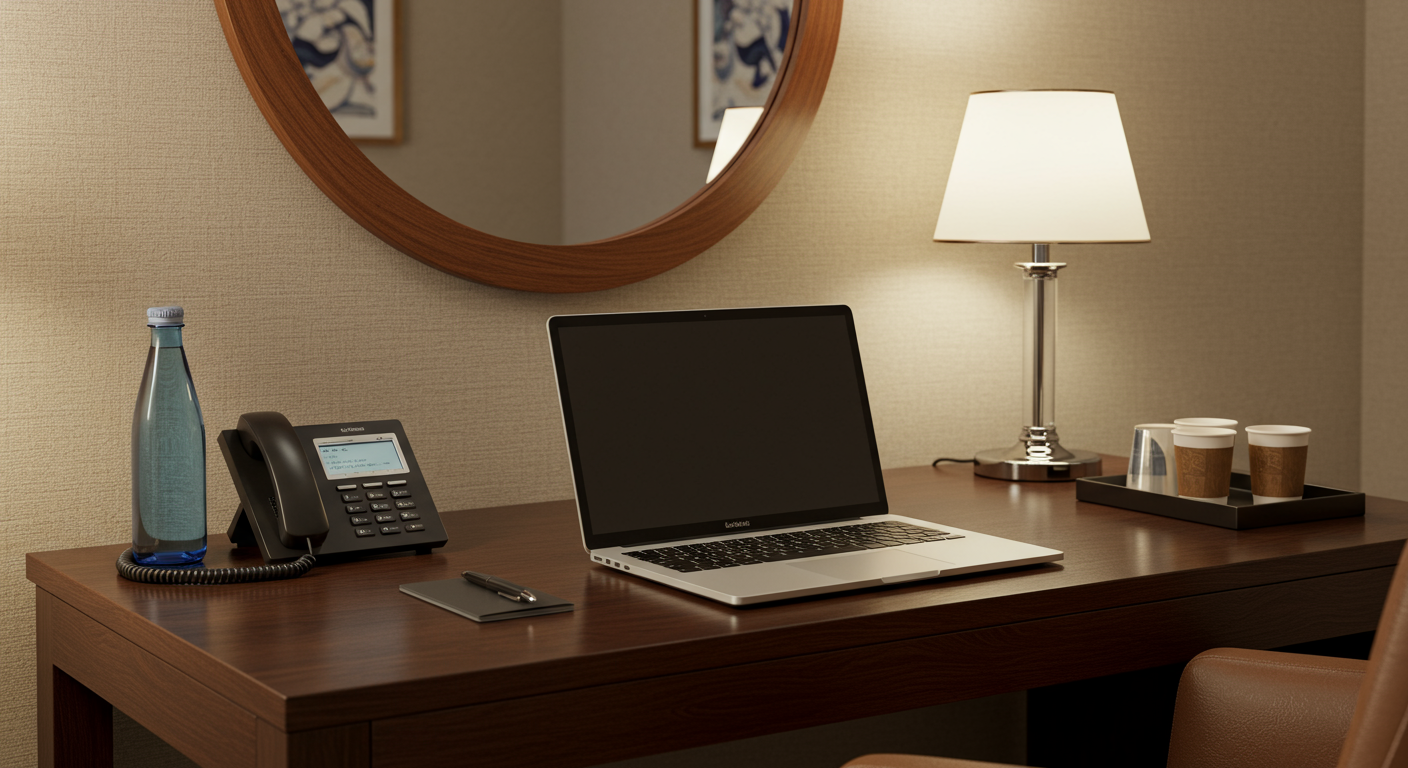 Desk in a hotel room with a Macbook, water bottle, phone, lamp and coffee cups on it