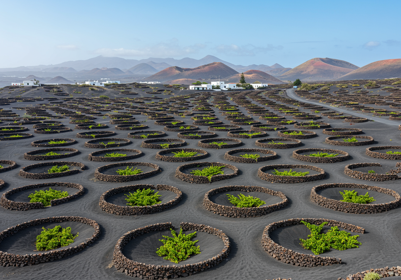 Stone walls protect vines in Lanzarote.