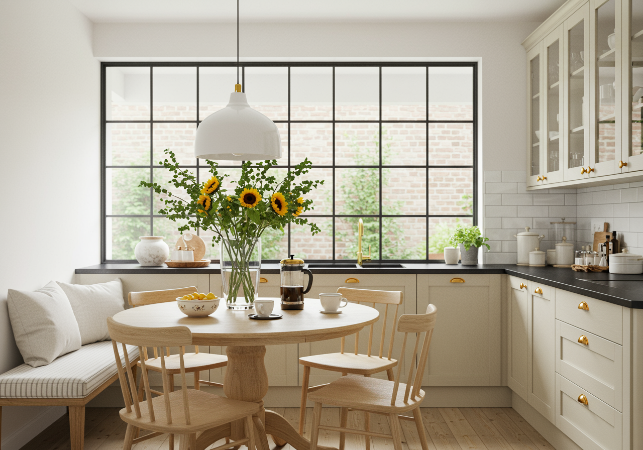 a breakfast table surrounded by four wood chairs in front of a large sunlit window with many panes