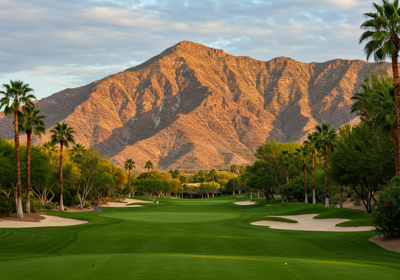 A golf course fairway bathed in sunlight with Camelback Mountain in background in Phoenix, Arizona