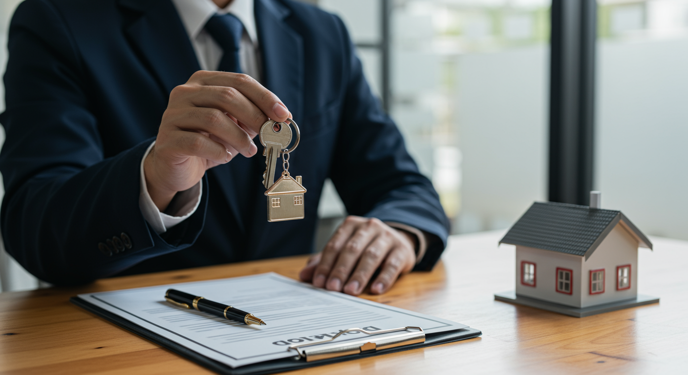 Real estate agent holding keys to a house over a contract with a model house on the desk.