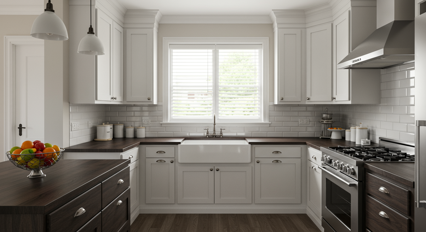 White kitchen with dark wood worktops and blinds