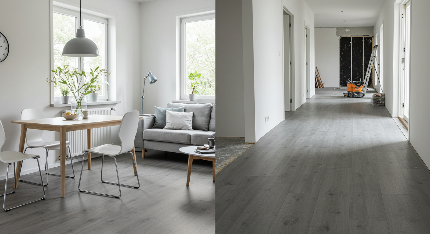 Gray wood-look flooring shown in a furnished living area and an unfinished hallway.