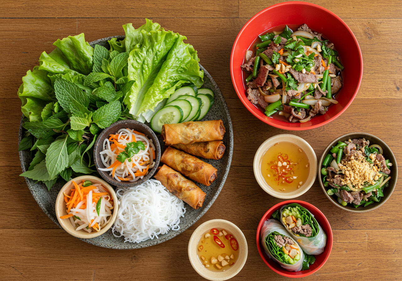 A grey ceramic plate loaded up with vermicelli, imperial rolls sliced diagonally, matchsticks of pickled radish and carrot, lettuce, and fresh herbs.