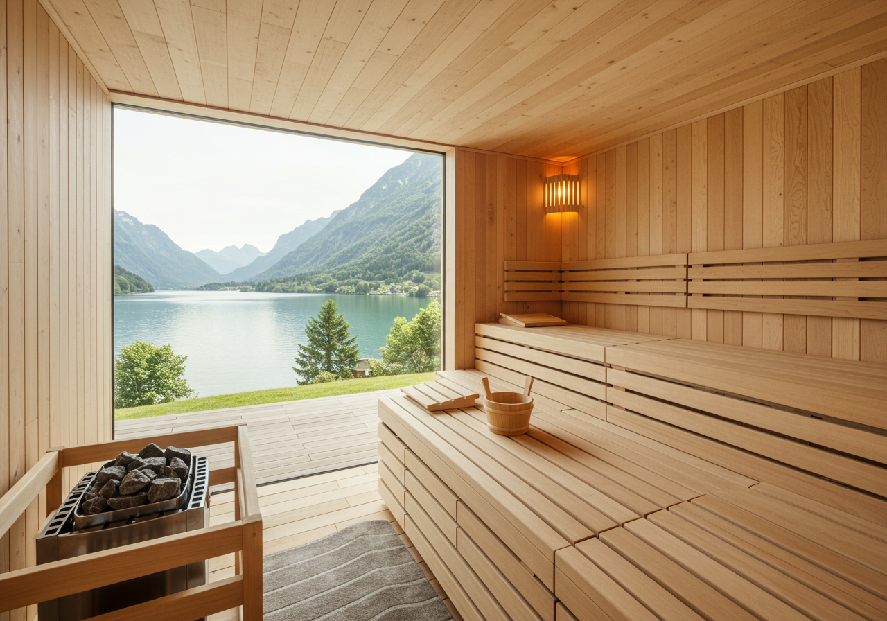 Sauna with mountain and lake view