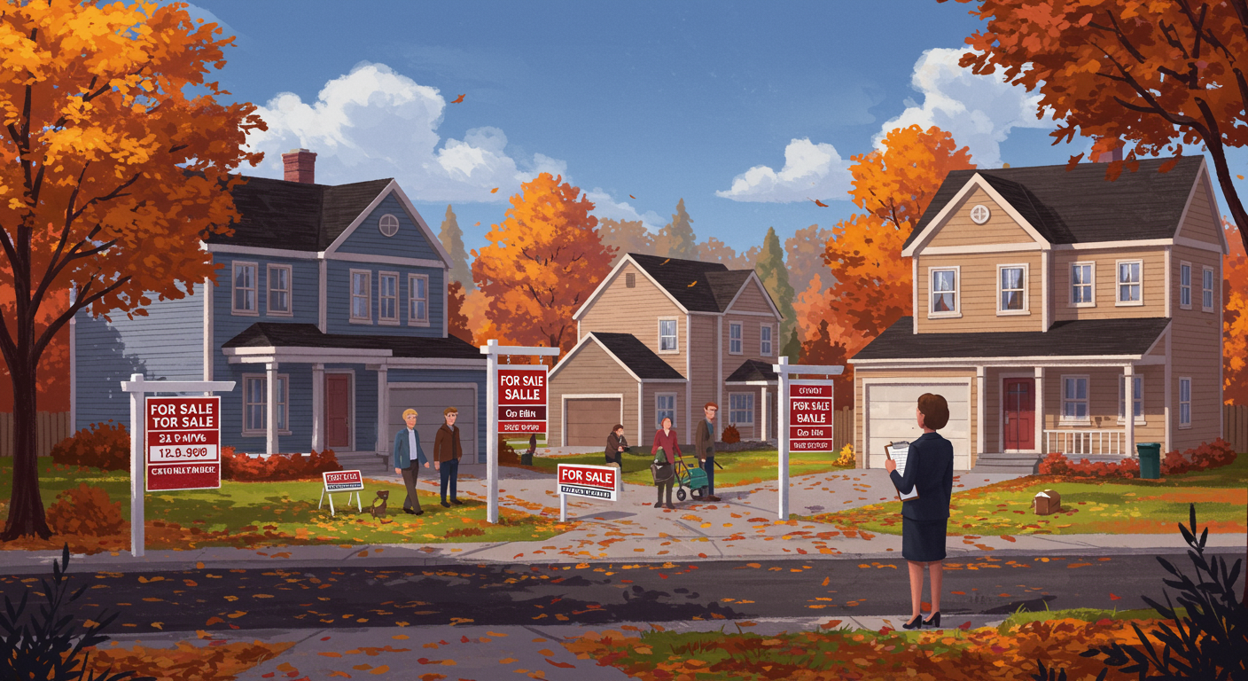 Autumn neighborhood with several homes for sale and an agent holding a clipboard.