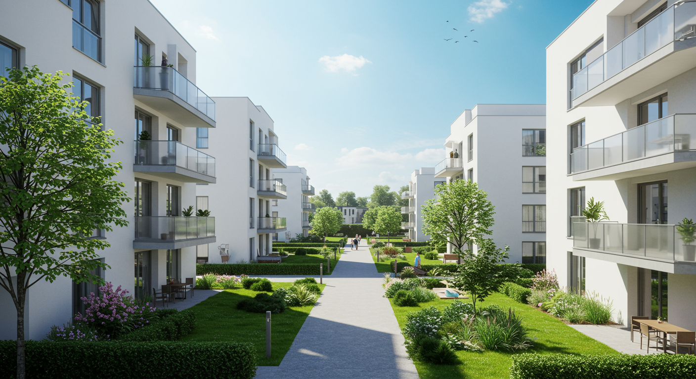 Modern apartment buildings frame a landscaped courtyard with a central path and glass balconies.