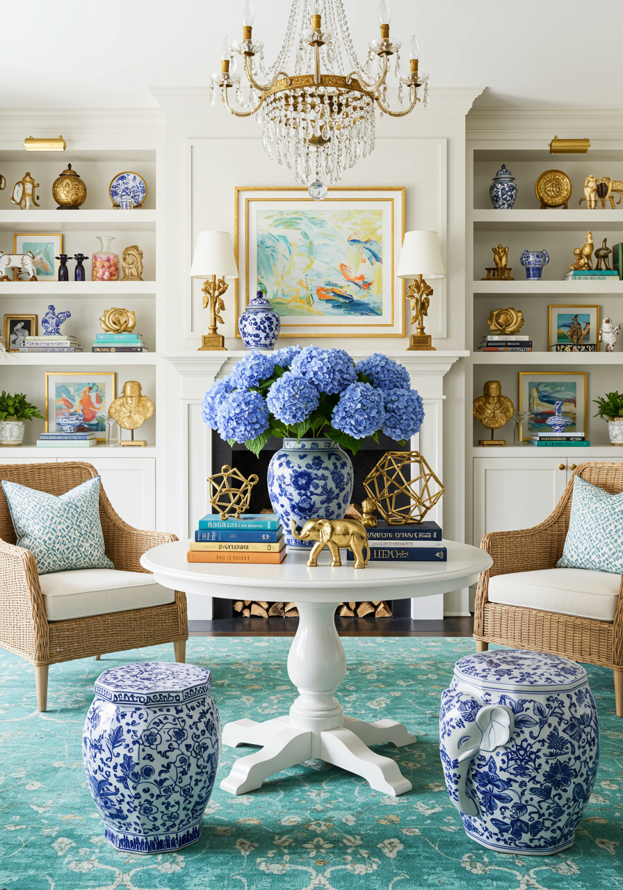 white table with woven chairs in living room