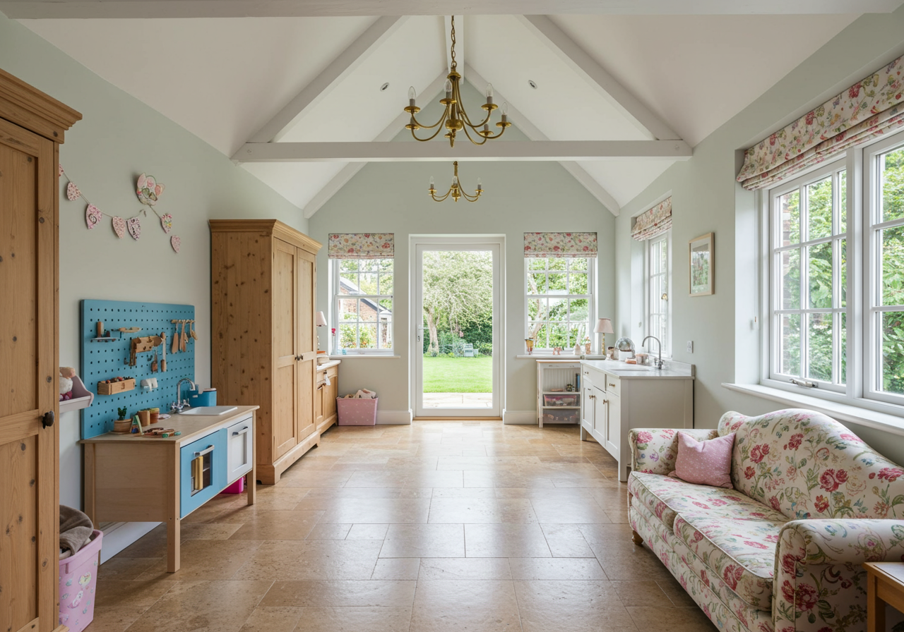 Interior of custom playhouse with candelier