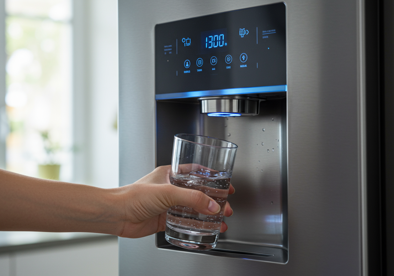 The arm of an out-of-frame man holds an empty glass up to the water dispenser of a modern refrigerator.