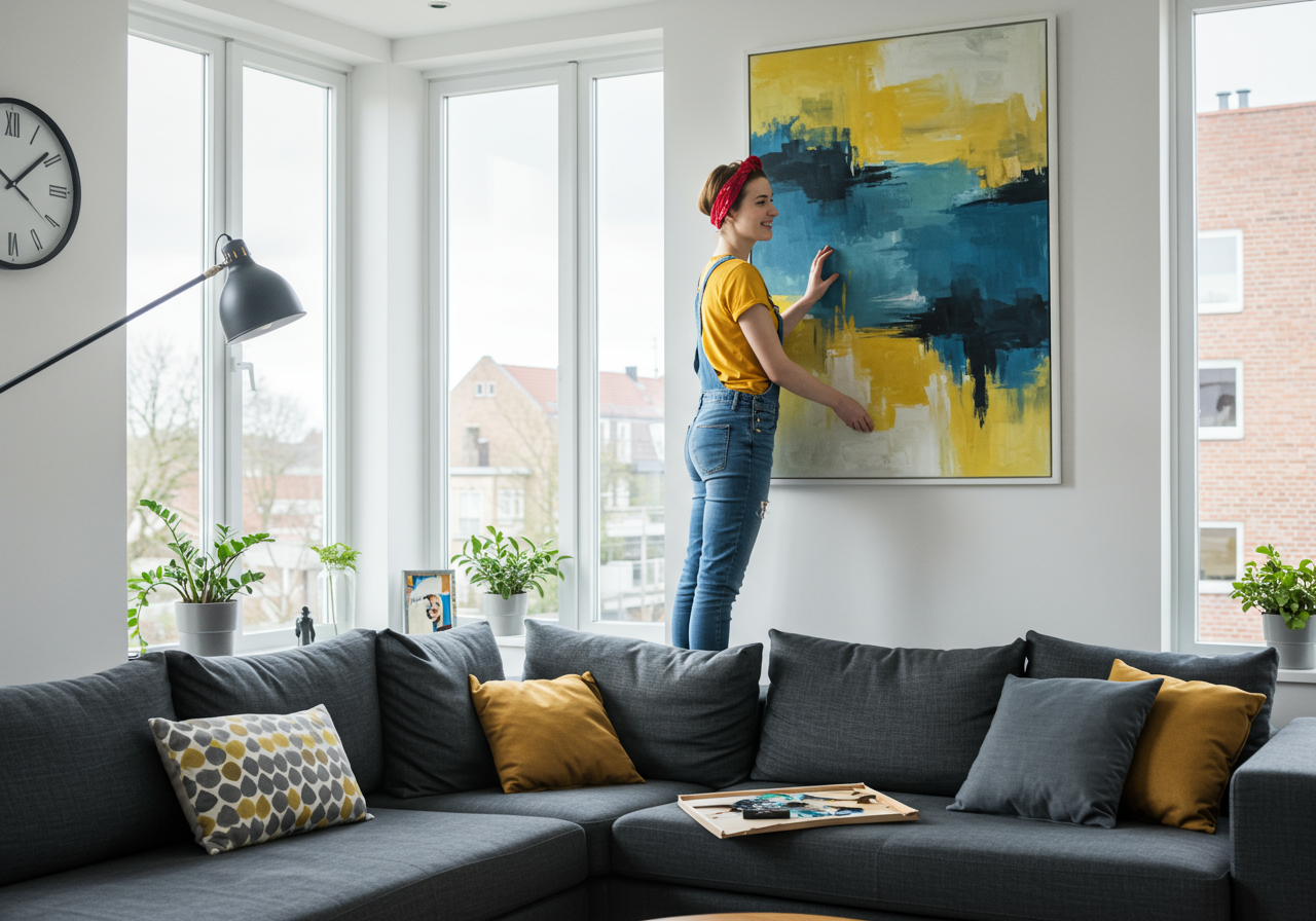 A young woman hangs a painting on her living room wall.