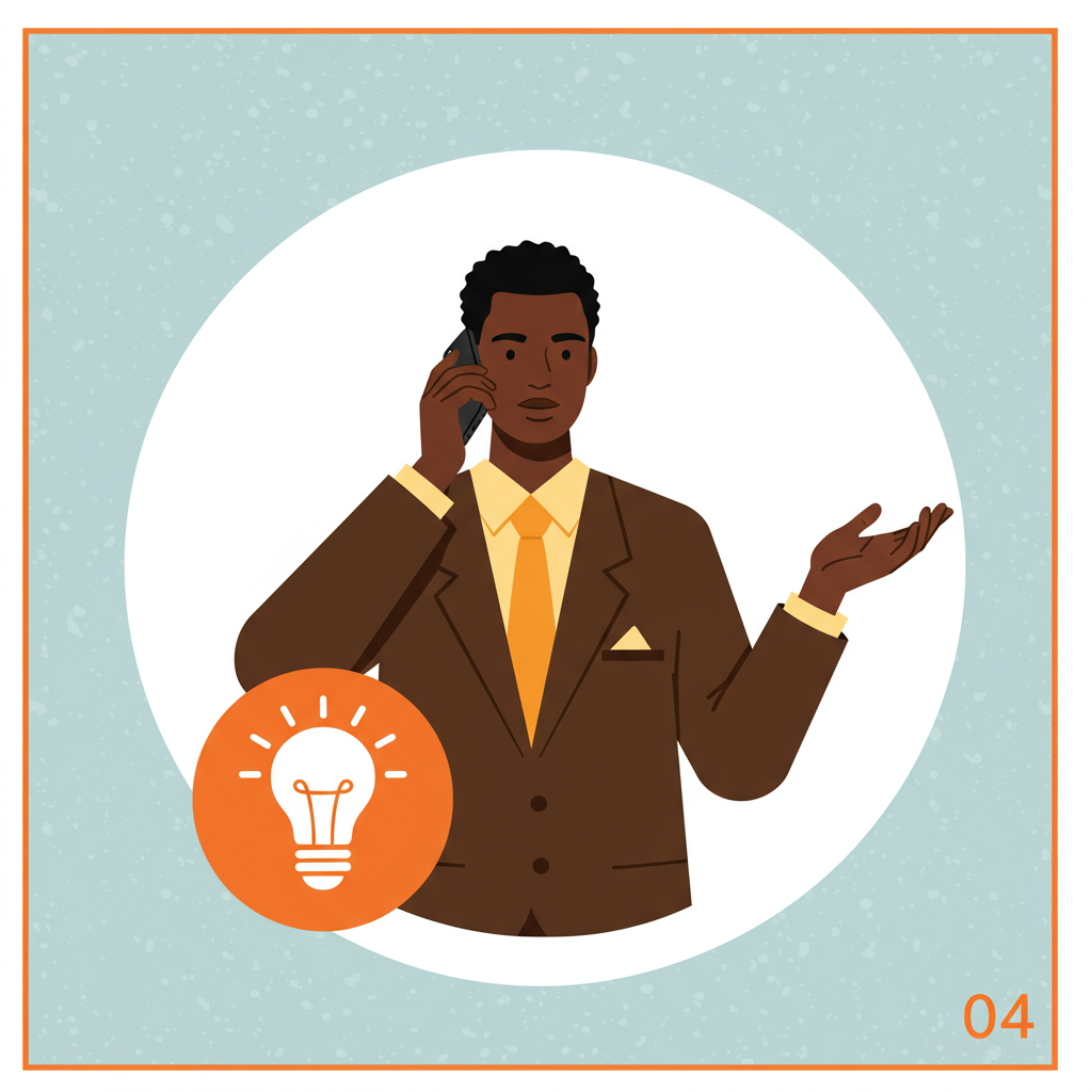 Illustrated man in a suit talks on a phone beside a lightbulb icon, numbered 04.