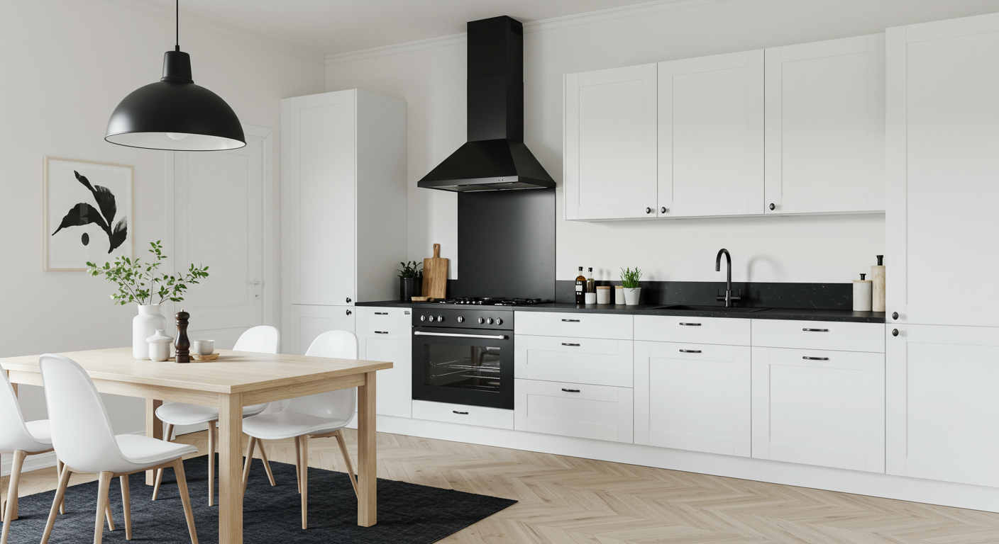 White kitchen with black rug and cooker hood