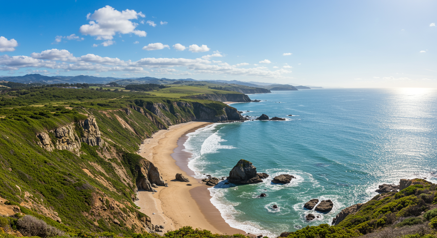 Cliffs and large half moon shaped beach, Pacific Ocean Coast, Half Moon Bay, California