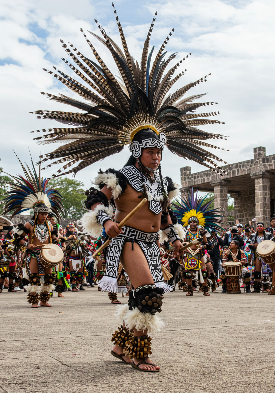 Dancer in a towering feathered headdress performs among costumed dancers and drummers outdoors.