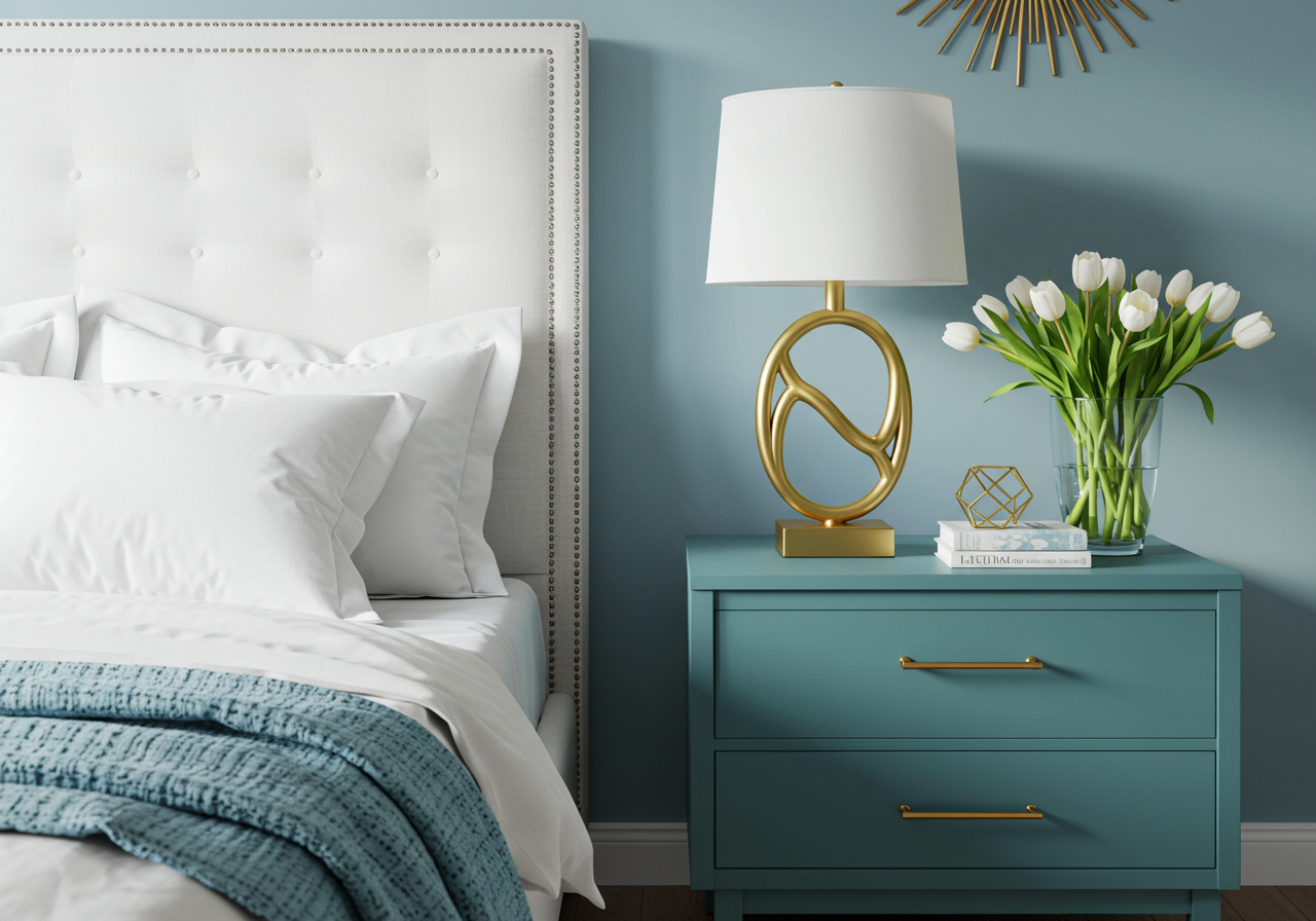 Bedroom with blue walls and accents