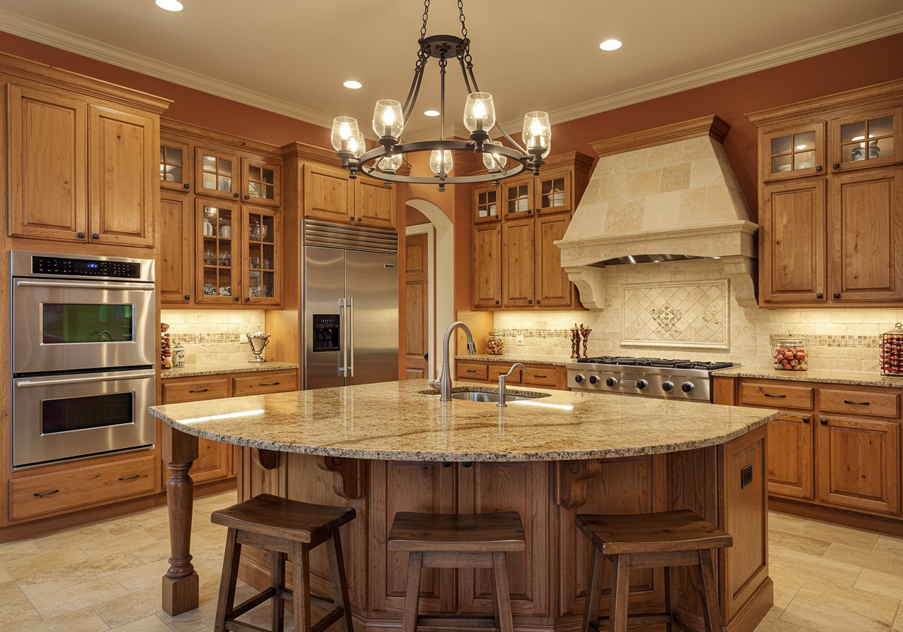Kitchen with large center island and stainless steel hood range