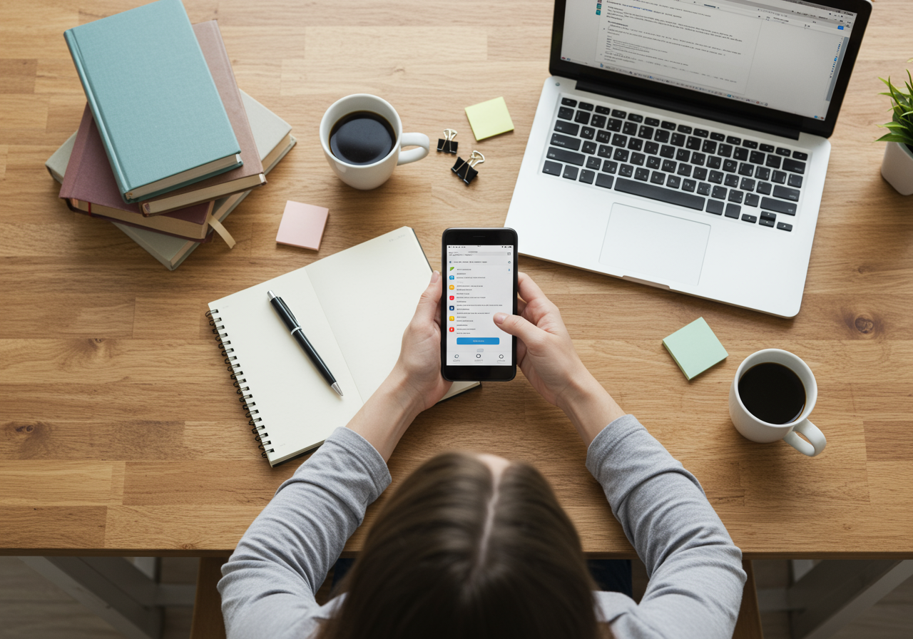 woman using her iphone with a notebook and a coffee cup in the background